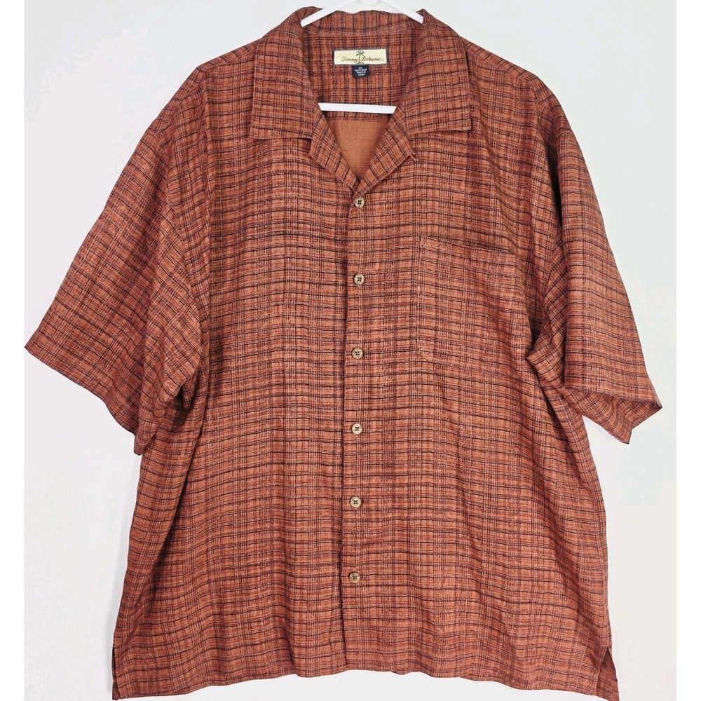 Tommy Bahama Mens XL Brick Red / Black Short Sleeve Plaid 100% Silk Camp Shirt